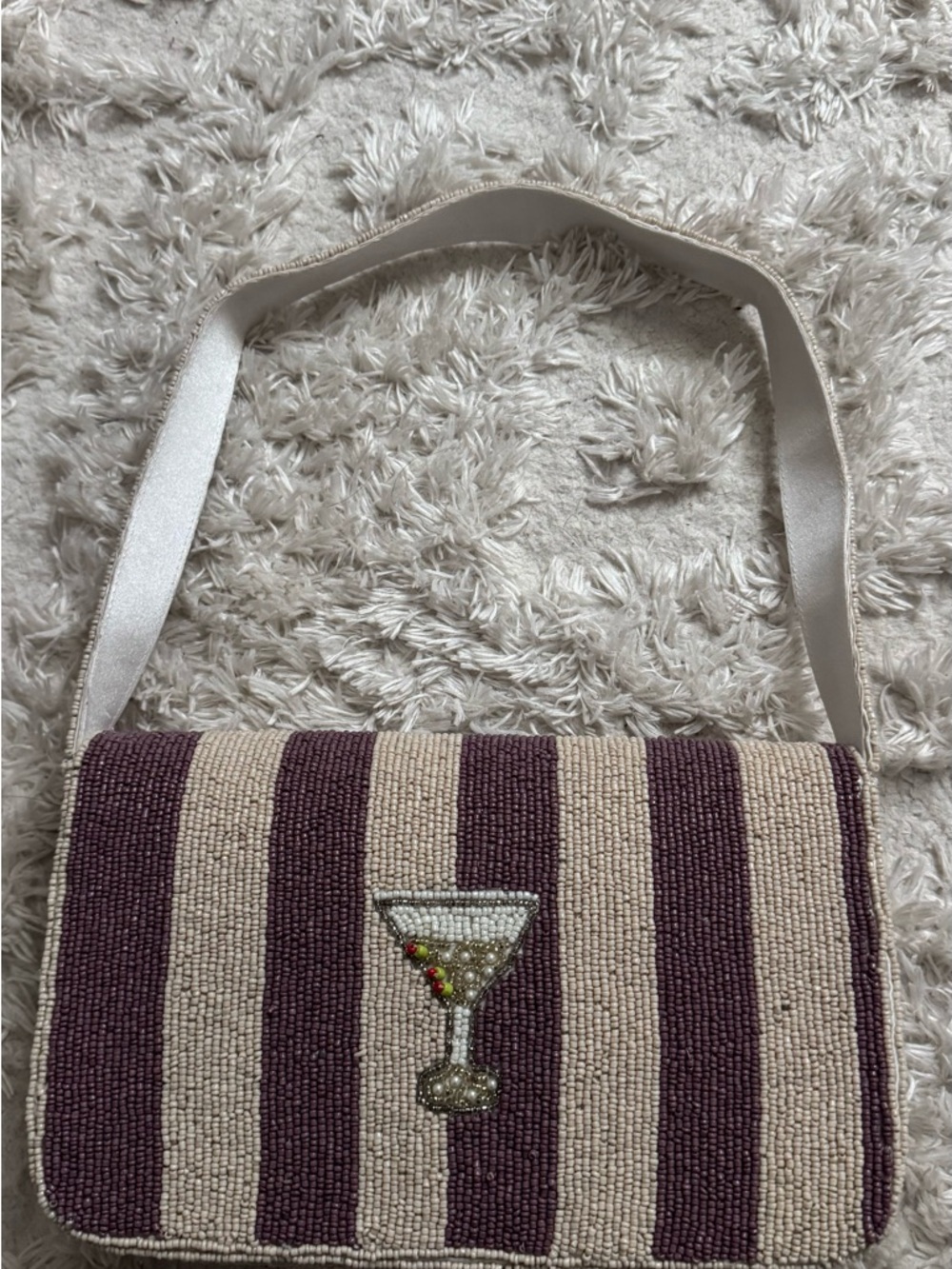 Beaded Martini Stripe Shoulder Bag in Cream and Plum - Picture 2 of 3